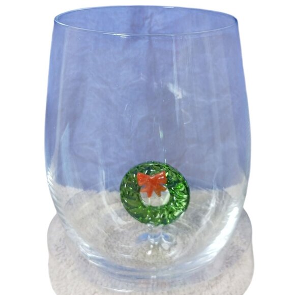 Stemless Wine Glass Christmas With Festive Green Wreath & Red Bow Design In Gift - Picture 6 of 14